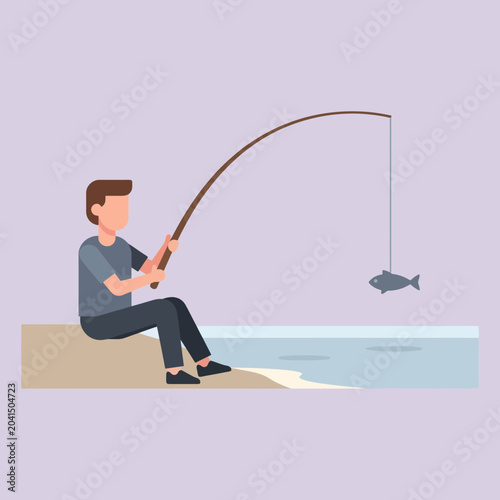 Fotografi A man sits on the shore and catches a small fish