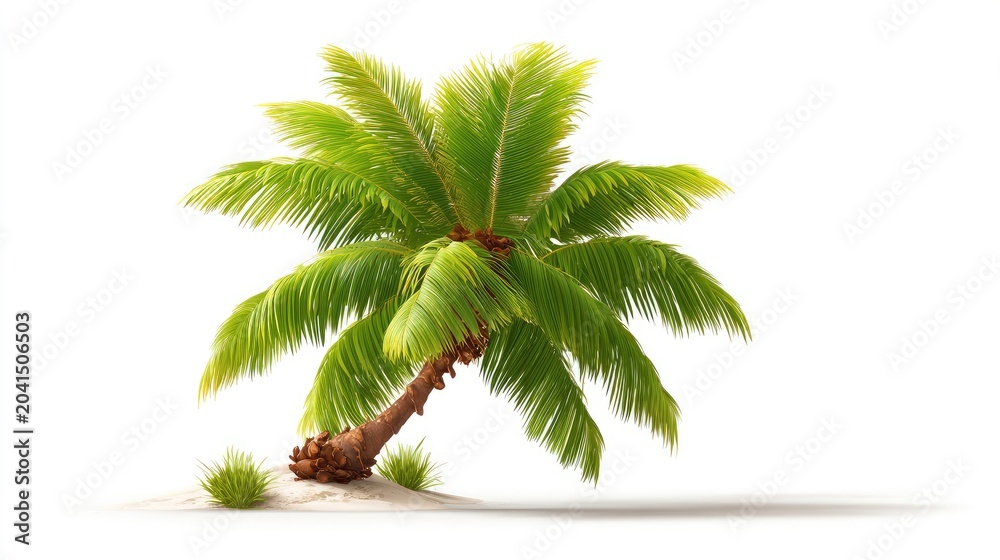 Fototapeta premium Slanted tropical palm tree rises from a small patch of sand and greenery against a white background.