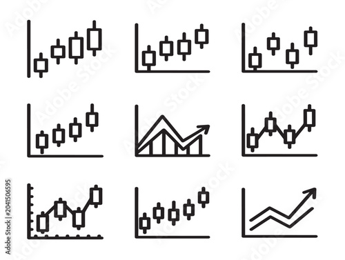 Candlestick Chart Icons Set with Financial Symbols and Line Graphs in Black Outline Style