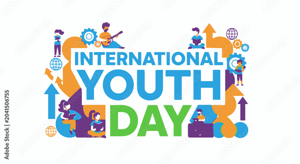 Fototapeta premium International Youth Day creative typography with diverse young people characters.
