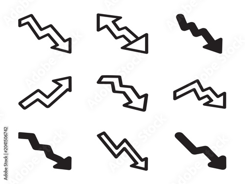 Set of Nine Downward Trend Arrows in Solid Black Line Art Style