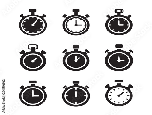Set of Minimalist Black Clock and Stopwatch Icons in Line Art Style