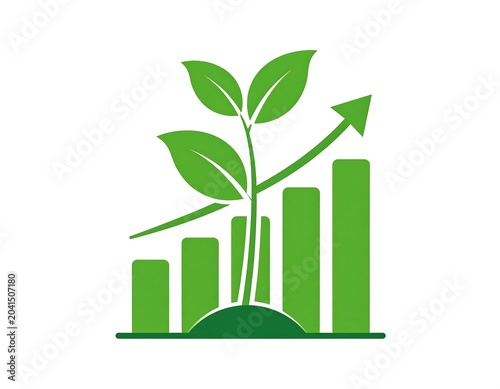 Green Plant Growing Over Rising Bar Chart Icon on White Background