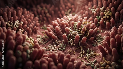 Intestinal villus displaying diverse beneficial microbe within a complex microscopic gut flora ecosystem, highlighting internal human biology and digestive wellness.