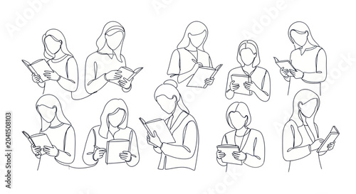 Bild auf Leinwand Diverse women engrossed in reading books and using tablets, showcasing various forms of literacy and engagement