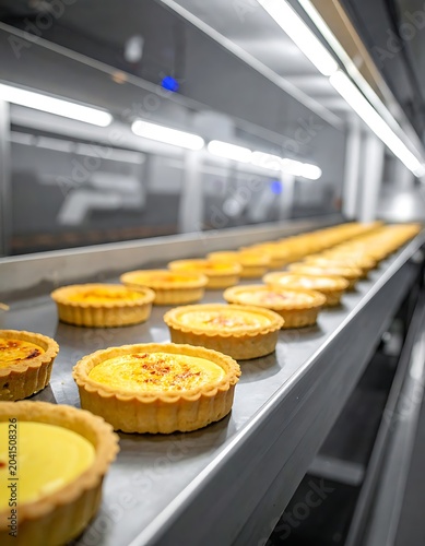 Tasty quiches on a conveyor belt.