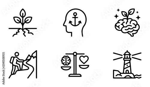 Foto Mindfulness Icons: Growth, Anchor, Brain, Climbing, Balance, Lighthouse, Vector