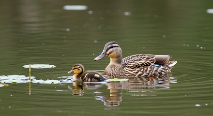 Duck and duckling swimming in the water, peaceful scene.