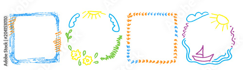 Cartoon crayon border collection with round and square frames, colorful doodle texture for children backgrounds.