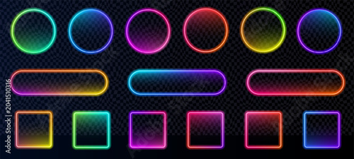 Vibrant neon action call web element with bright light glow and futuristic style for app, banner or casino ui.