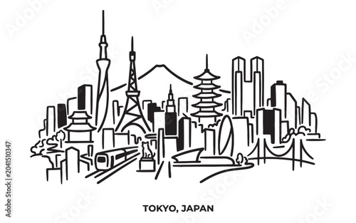 Photos Tokyo Japan City Skyline Line Art, Mount Fuji Landmark Minimalist Layout