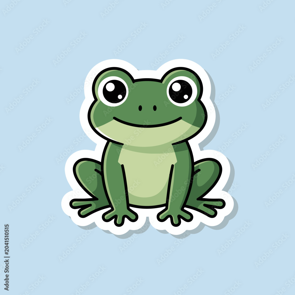 Fototapeta premium A cute cartoon frog sticker with a white outline on a light blue background