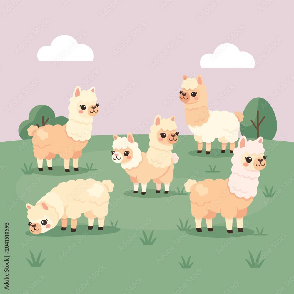 Naklejka premium A group of adorable cartoon animals are happily grazing in a field
