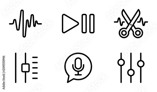 Fotografía Audio Editing Icons, Sound Waveform, Play Pause Controls, Scissors Cut Symbol, M