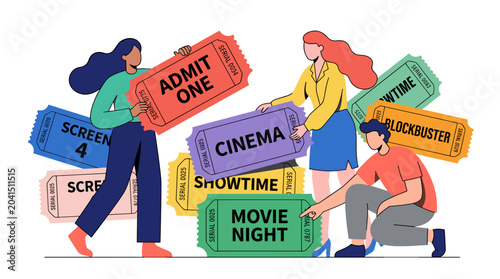 Group of people holding cinema tickets and signs.