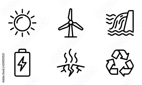 Foto Renewable Energy Icons Set: Solar, Wind, Hydro, Battery, Geothermal, Recycling V