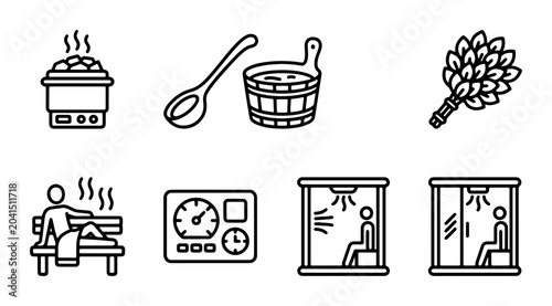 Tablou pe pânză Sauna Icons Set, Steam Bath Equipment Vector Graphics, Wellness & Relaxation Lin