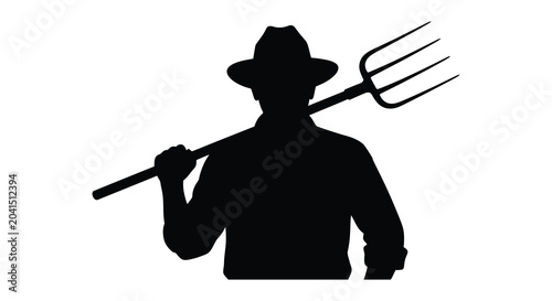 Bild auf Leinwand Farmer with pitchfork holding tool black silhouette