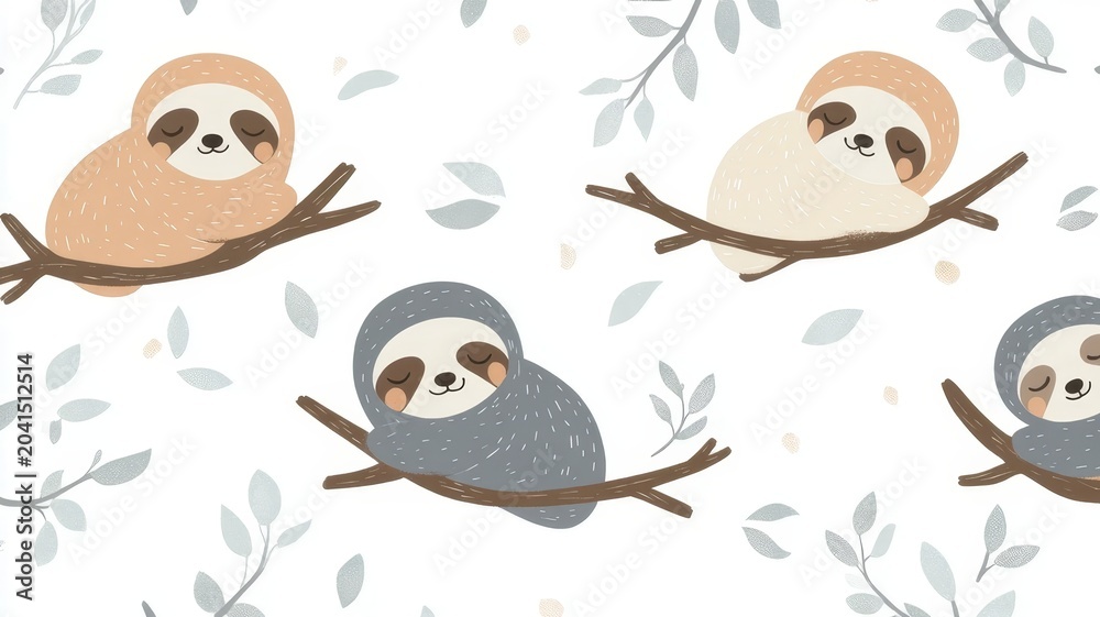 Fototapeta premium Cute cartoon sloth pattern featuring adorable sleeping baby sloths hanging on tree branches for nursery wall decor wallpaper design.