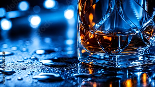 amber drink glass with splash droplets on blue nightlife background