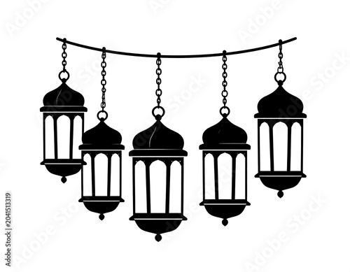 Decorative Black Hanging Lantern Silhouettes Suspended on Curved String Against Light Gray Background
