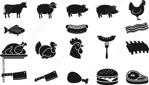 Foto Meat and animal silhouettes vector illustration, food icon design, culinary symb