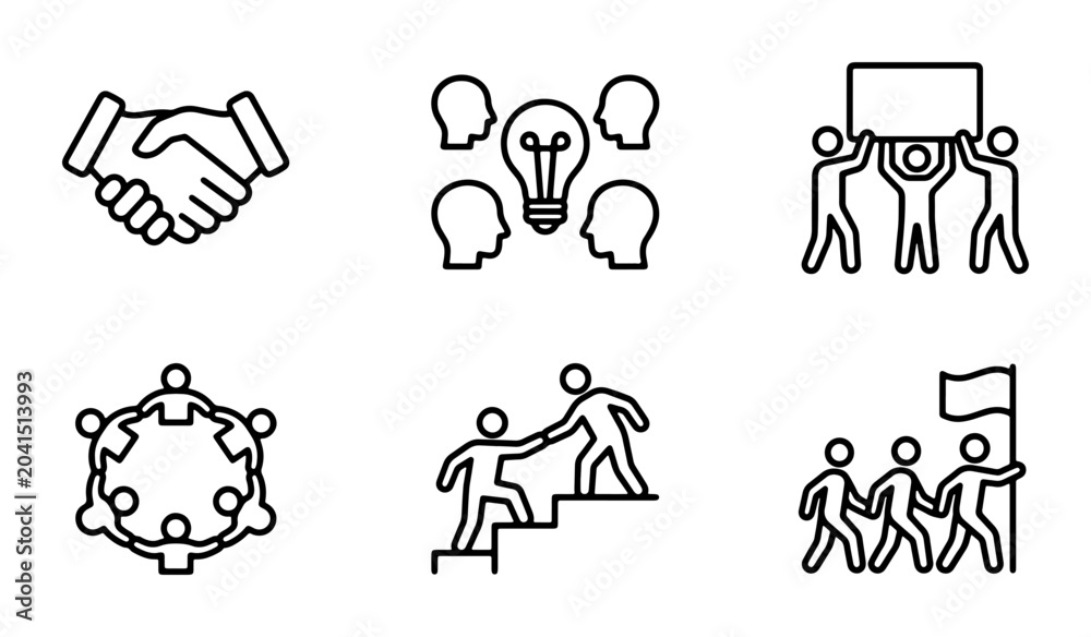 Fototapeta premium Teamwork and Collaboration Icons: Business Partnership, Idea Generation, Support, Leadership, Unity, and Agreement Symbols