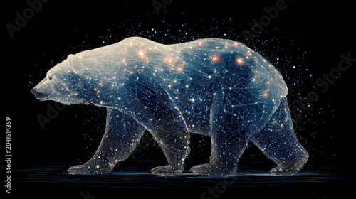A cosmic bear, a magnificent celestial being, walks through the galaxy, its form composed of stars and nebulae, embodying the vastness and mystery of the universe.