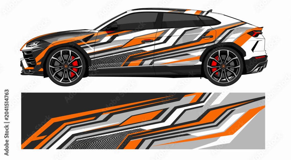 Obraz premium Orange and grey geometric vehicle wrap livery graphic.
