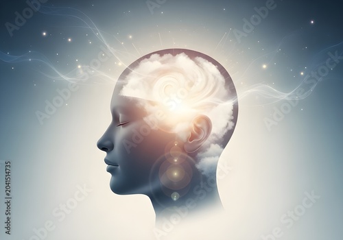Illustration of a human head with a glowing cloud on the brain, surrounded by sparkling stars, depicts spiritual peace and inner calm.