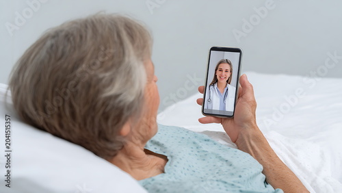 grandma lying on the hospital bed talking videocall with doctor. telemedicine concept