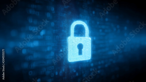 A glowing blue padlock icon, digital security concept