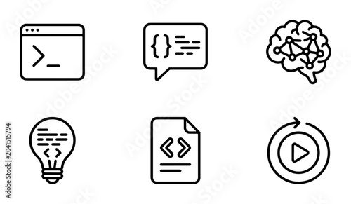Photos Coding and AI Icons Set: Programming, Brain Network, Lightbulb Idea, Code Snippe