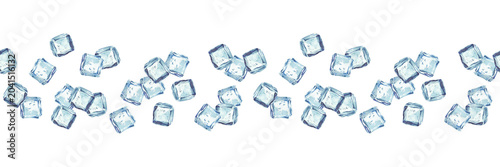 Ice cubes watercolor realistic seamless border. Blue, square realistic pieces of ice cubes hand drawn horizontal pattern design on isolated white background for packaging of water or refreshing drinks