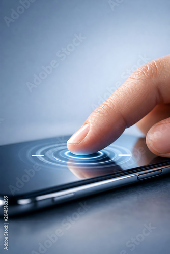 Finger touching smartphone screen with concentric circles graphic pressing mobile phone