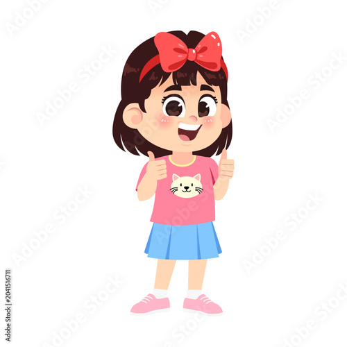 Cute Girl Showing Joyful Expression with Big Ribbon Cartoon Character Vector Illustration