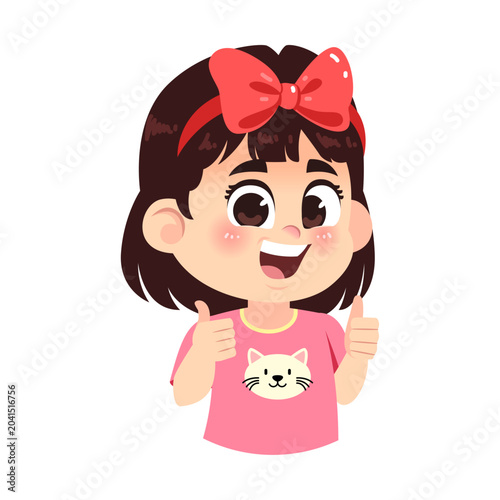 Cute Girl Showing Joyful Expression with Big Ribbon Half Body Cartoon Character Vector Illustration
