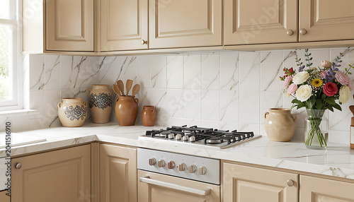 Elegant Beige Kitchen with Marble Backsplash and Ceramic Decor
