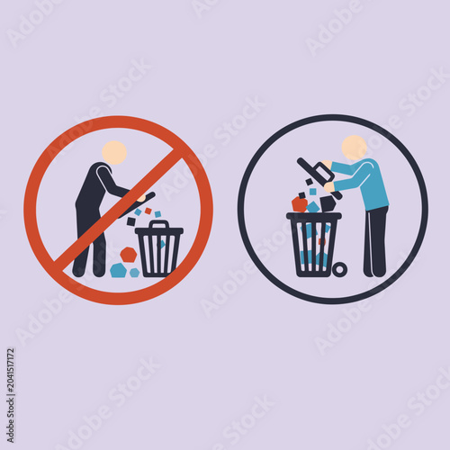 Photos Two circular signs showing proper and improper waste disposal methods