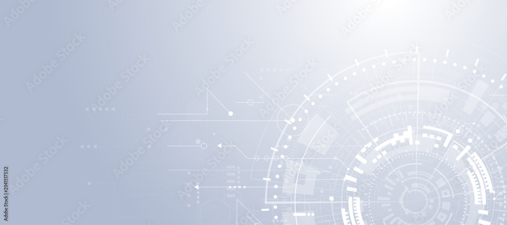 Obraz premium Minimalist grey tech background with circular mechanical interface and digital connection elements.