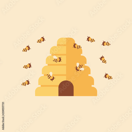 Принти на полотні A stylized illustration of a yellow beehive with flying bees