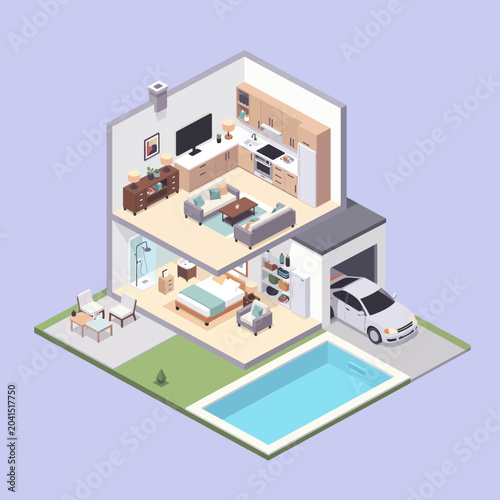An isometric view of a modern house with a swimming pool