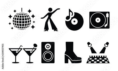 Tableau sur toile Retro disco party icon set featuring disco ball dancer vinyl record and cocktail