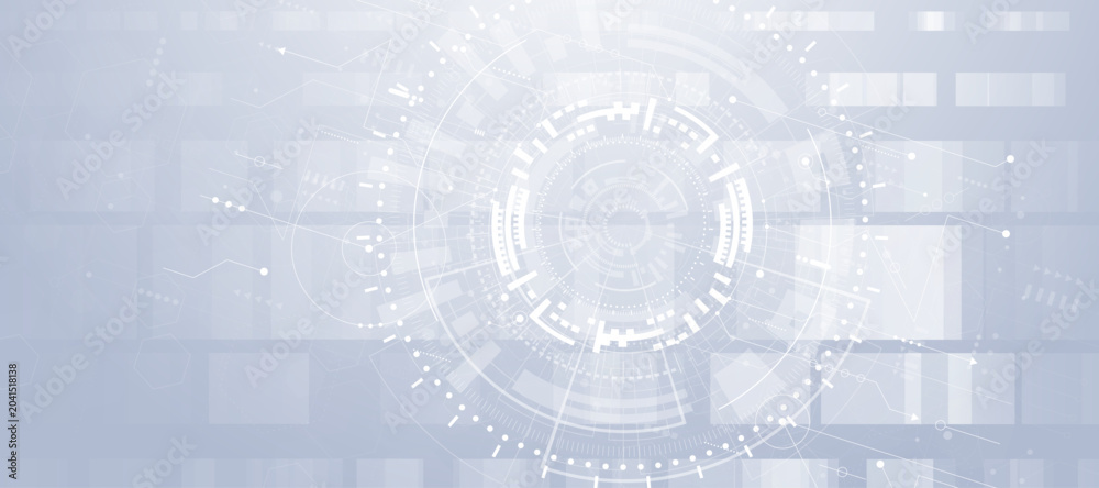 Fototapeta premium Minimalist light gray technological background with circuit lines and geometric shapes for industrial design.