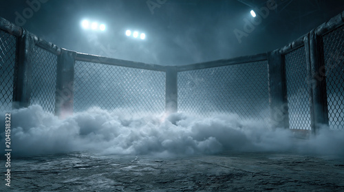 Wide MMA stage with cage , and white smoke effect on the stage , spot light is background.