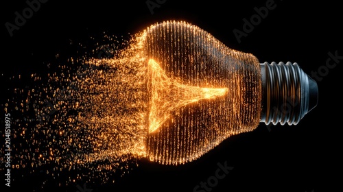 Glowing light bulb disintegrating into a shower of orange particles