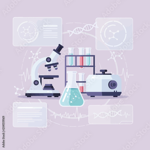 фотографія Laboratory equipment and scientific instruments are arranged on a purple