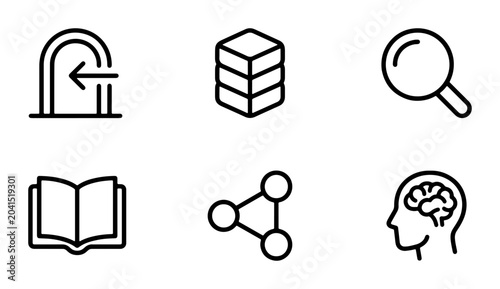 Schilderij op canvas Data Science Icons Set: Brain, Magnifying Glass, Database, Network, Book, Entrance