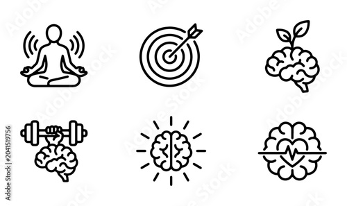 Foto Mindfulness, Growth, and Strength: 6 Brain and Wellness Icons, Vector Set for He