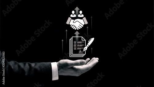 Business partnership agreement concept, professional handshake and signed contract icons over open hand, corporate deal and legal document symbols